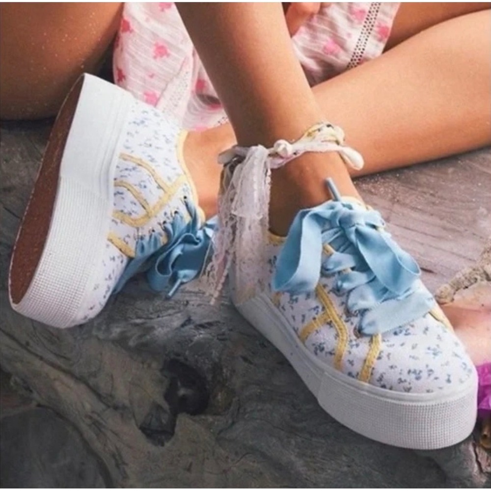 Superga x LoveShackFancy Floral Platform Sneakers Blue Ribbon Laces Size 36‎